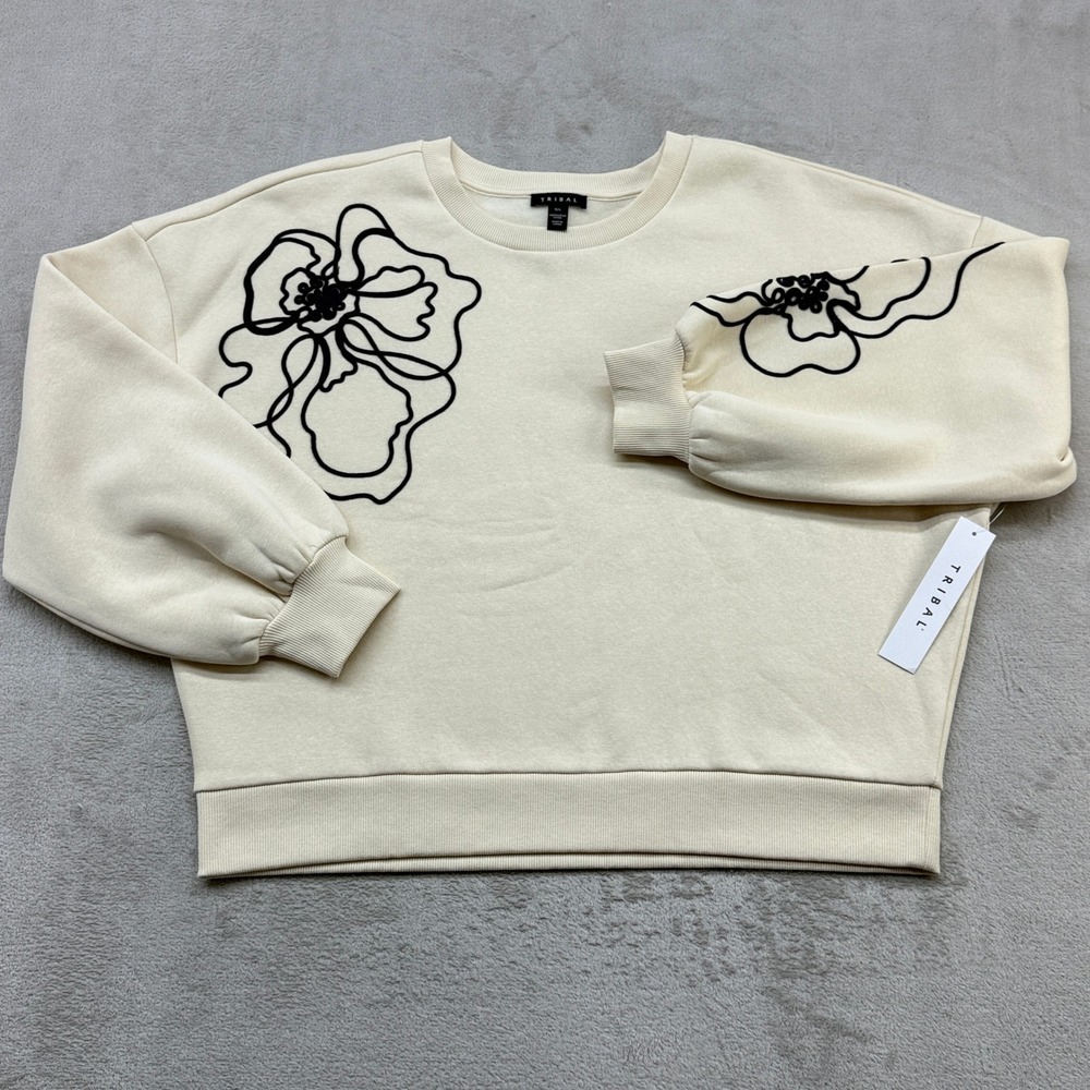 Tribal Sweatshirt Womens L Cream Floral Embroidered Puff Sleeve Cozy Casual Chic